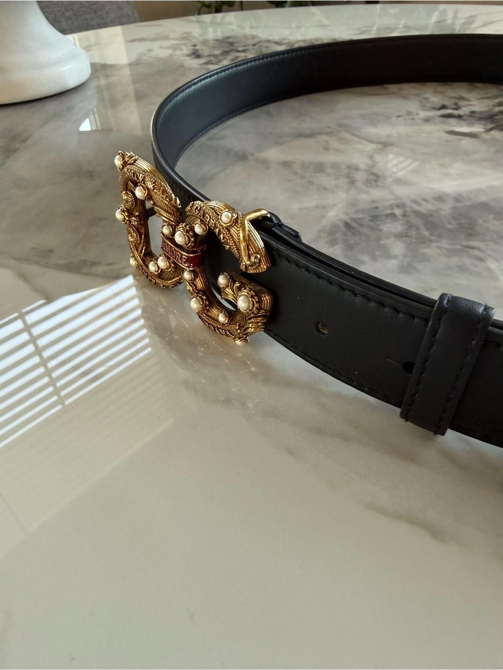 Dolce & Gabbana Black Leather Belt with Gold Pearl-Embellished 'DG' Buckle - Picture 5 of 11